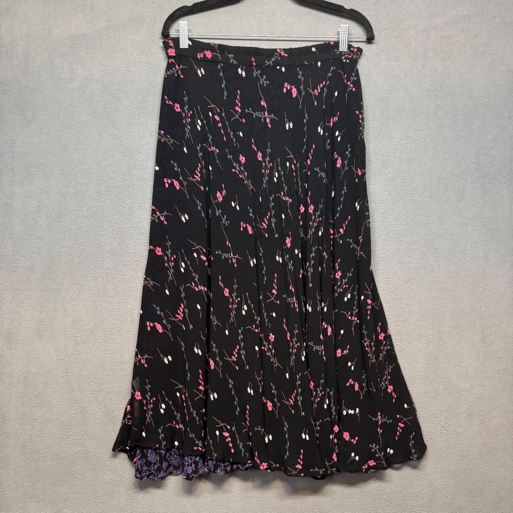Vtg Whimsigoth Fairy Layered Reversible Skirt Floral Midi Petit M/L Black Purple
